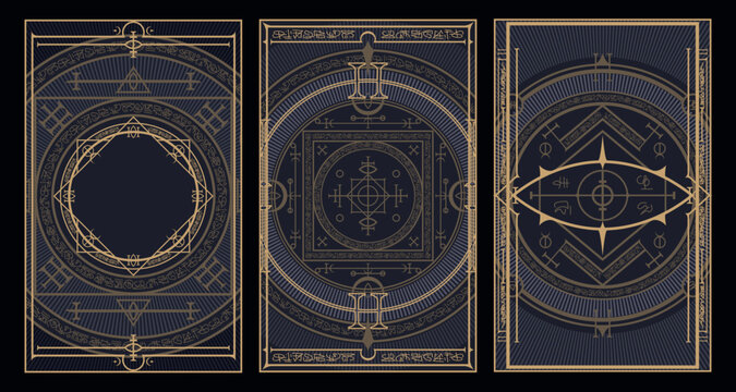 Occult style invitation with ancient vintage elements. Sacred geometry border and frame. Vector illustration. EPS 10	