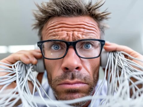 Frustration while untangling messy headphone wires at the office
