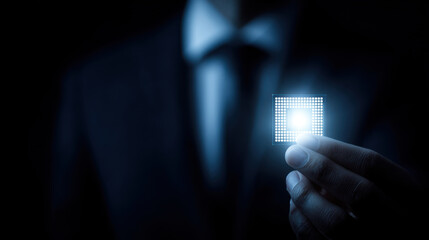 Businessman hand microchip technology glowing chip dark background innovation cyber security data hardware corporate electronic futuristic high
