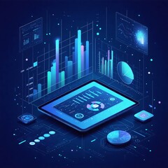 Digital illustration of a data analytics dashboard with charts, graphs and elements displayed on a tablet screen, representing data processing and information visualization in a modern technological e