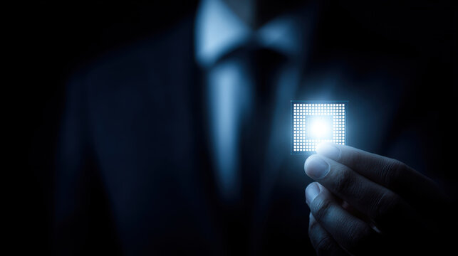 Businessman hand microchip technology glowing chip dark background innovation cyber security data hardware corporate electronic futuristic high - Powered by Adobe