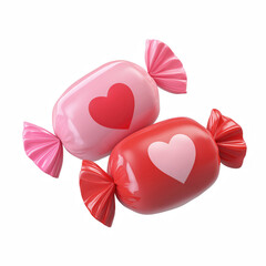 3D cute wrapped heart candies pair, red and pink sweets, love concept isolated on transparent background.