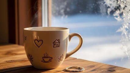 Steaming mug with heart and house designs on a wooden windowsill, bathed in sunlight with a frosty winter scene outside.