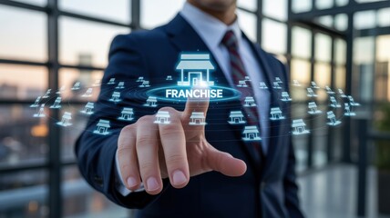 Businessman engaging with a digital franchise network to visualize business expansion