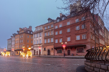 Old Town Street in Warsaw Poland with Christmas Lights