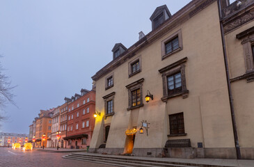 Old Town Street in Warsaw Poland with Christmas Lights