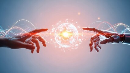 Human and Robotic Hands Touching, Digital AI Globe Connection, Futuristic Artificial Intelligence, Innovation, Global Network Technology