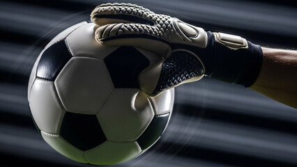Male goalkeeper wearing protective glove catching soccer ball mid air with dark background. Sport training and competition.