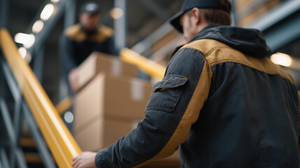 A mobile stairway being used by a delivery crew to unload packages from a truck into a warehouse, highlighting the efficiency of logistics operations in a busy urban setting. cinematic color