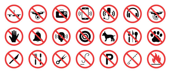 Prohibition signs set including no music, no sound, no fire, no pets, no eating, no photos, no noise, no disturbance, no drones, no flying zone, vector illustration 
