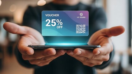 Person holding tablet with discount voucher.
