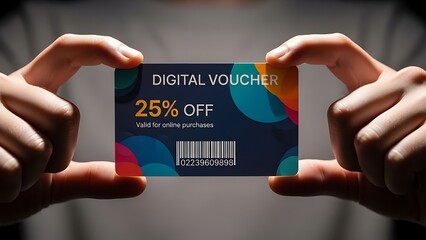 Hands holding digital voucher coupon discount.