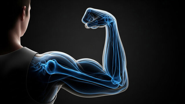 Man flexing bicep with transparent muscles and skeletal structure for anatomy training. 3D rendered human arm for medical education poster.