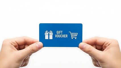 Hands holding blue gift voucher card.