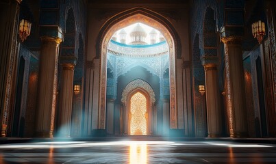 Grand Mosque Interior with Dramatic Morning Sunlight and Islamic Architecture