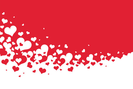 Horizontal Valentine's Day greeting card template. Frame with white and red objects on the white background. Symbols of holiday - hearts.