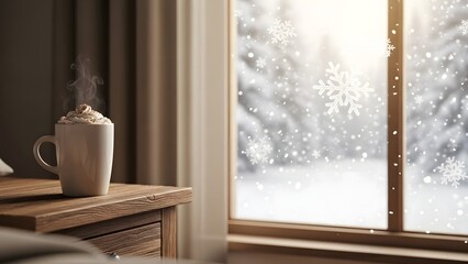 Cozy winter morning scene with a steaming mug of hot chocolate on a wooden table next to a window overlooking a snowy landscape with falling snowflakes.