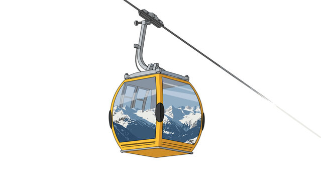 Modern cable car gondola suspended on a wire, offering panoramic views of majestic snow-capped mountains and a breathtaking alpine landscape.