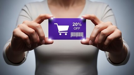 Woman holding discount shopping card online.