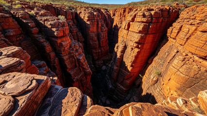 Stunning Australian rocky inland gorge with deep red cliffs and natural formations showcasing geological beauty. Australian gorge features rugged terrain surrounded by a serene landscape,