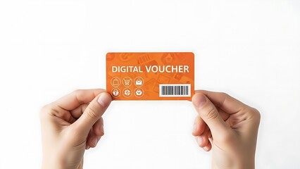 Hands holding digital gift voucher card.