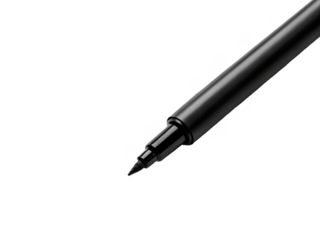 Sleek, black fine-liner pen with a metallic silver clip, crafted from smooth plastic and featuring a precise felt-tip nib, is positioned near a series of freshly, isolated on transparent background.