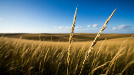 Australian remote grassland with golden wheat swaying in the breeze under a clear blue sky. Endless field highlights vast landscape with natural beauty, emphasizing tranquility and nature.
