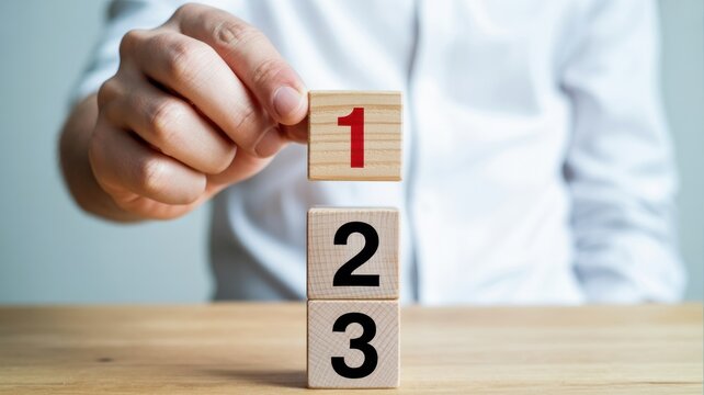 Hand placing wooden block number one on top of a stack, symbolizing priority or first step