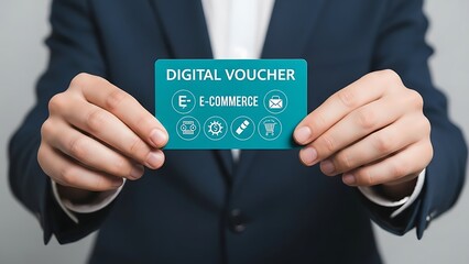 Businessman holding digital voucher card.