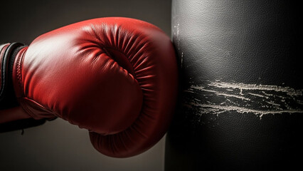 Red boxing glove striking a black punching bag close up. Concept of determination and power for sport and workout.