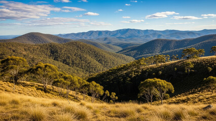 Scenic view of Australian mountain range with rolling hills and valleys under blue skies. Majestic landscape features lush greenery and distant mountains creating natural beauty in outdoor settings.