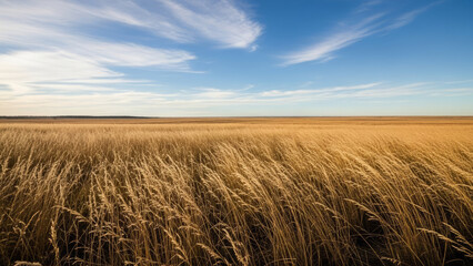 Australian grassland plain with tall dry grasses swaying in wind under blue sky. Scenic view of dry grassland extends to horizon, showcasing natural beauty of open landscapes.
