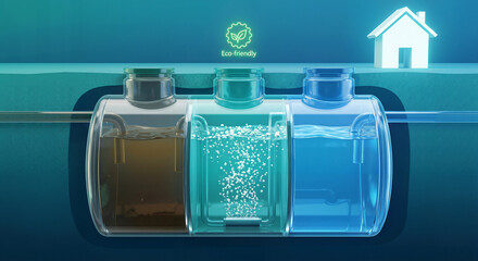 Underground septic tank system for residential wastewater treatment. Eco-friendly biological filtration and sewage sanitation for sustainable house drainage.