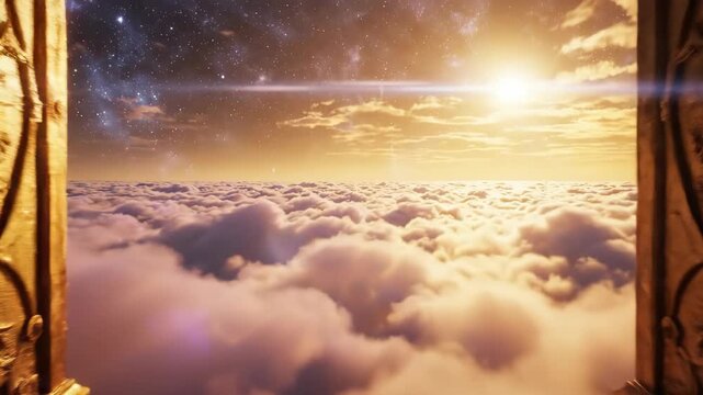 Golden heavenly gates opening to a bright sky above the clouds, revealing a path to light and salvation.
