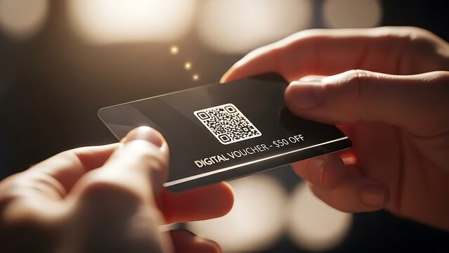 Hands exchanging a digital business card.