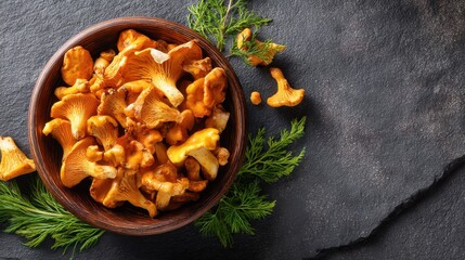Fototapeta premium Fresh chanterelle mushrooms are arranged in a wooden bowl. Surrounding the bowl are green herbs set against a dark stone surface during daylight.