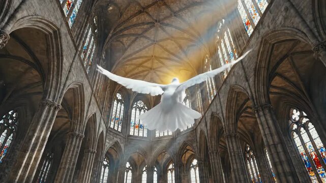 White dove flying with spread wings inside an ornate cathedral with stained glass windows and bright sun rays. The Holy Spirit symbol during a religious service.