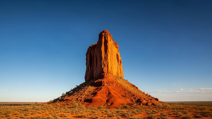 Australian desert rock formation rising from arid landscape against clear blue sky. This iconic rock formation features rugged terrain and vibrant red hues,