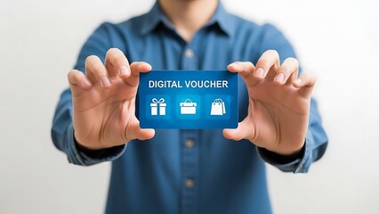 Man holding digital voucher on card.