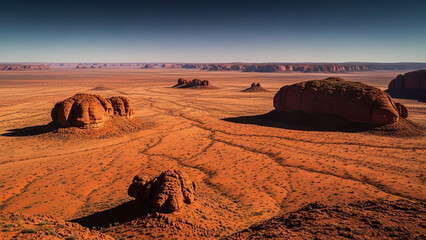 Australian desert landscape with red rock formations and vast arid terrain under clear blue sky.