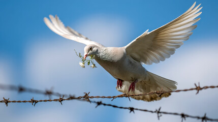 A white dove perches on barbed wire with an olive branch, a symbol of peace and hope, against a clear blue sky