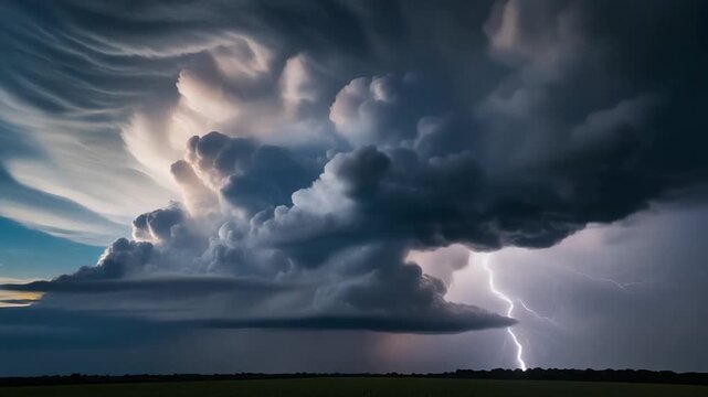 A massive dark storm cloud rolling across the sky, horizontal lightning stretching from left