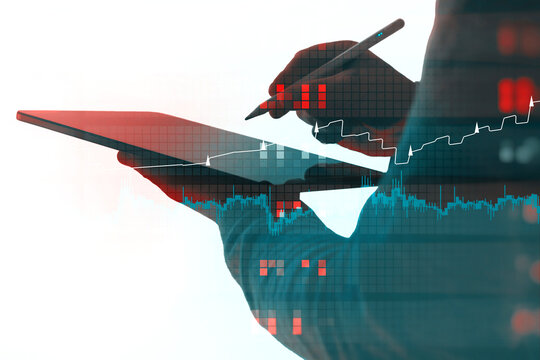 Silhouette of professional using tablet device with stylus combined with red blue teal financial charts and digital grid patterns. Innovation visualization and business analytics. - Powered by Adobe