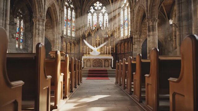White dove flying toward Christian church altar, symbolizing peace and the Holy Spirit in a sacred religious setting