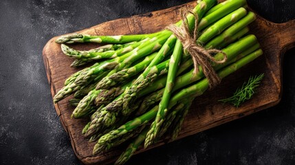 A bunch of fresh asparagus is arranged on a wooden cutting board. The asparagus is tied with twine. The background is dark making the green color stand out.
