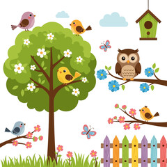 Cute Spring Garden Illustration with Birds, Owl, Flowers and Butterflies