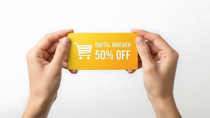 Hands holding digital shopping discount sign.