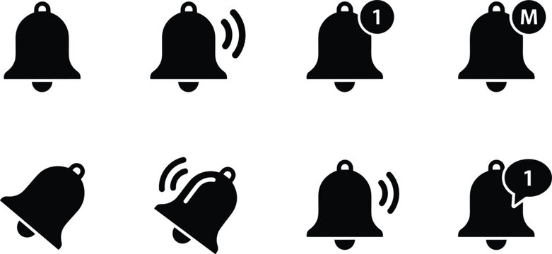 Notification bell icons with alert badges incoming messages and vibration signals for mobile app interface design and reminders,