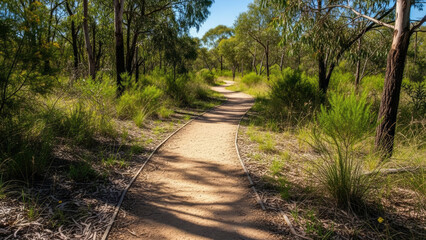 Australian bush trail landscape winding through green foliage and trees under bright blue sky. Scenic bush trail offers lush surroundings and nature experience for outdoor enthusiasts.
