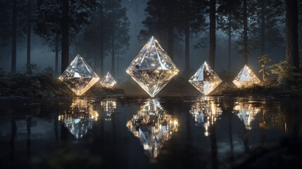 Diamonds on the forest floor at night. Fantasy concept